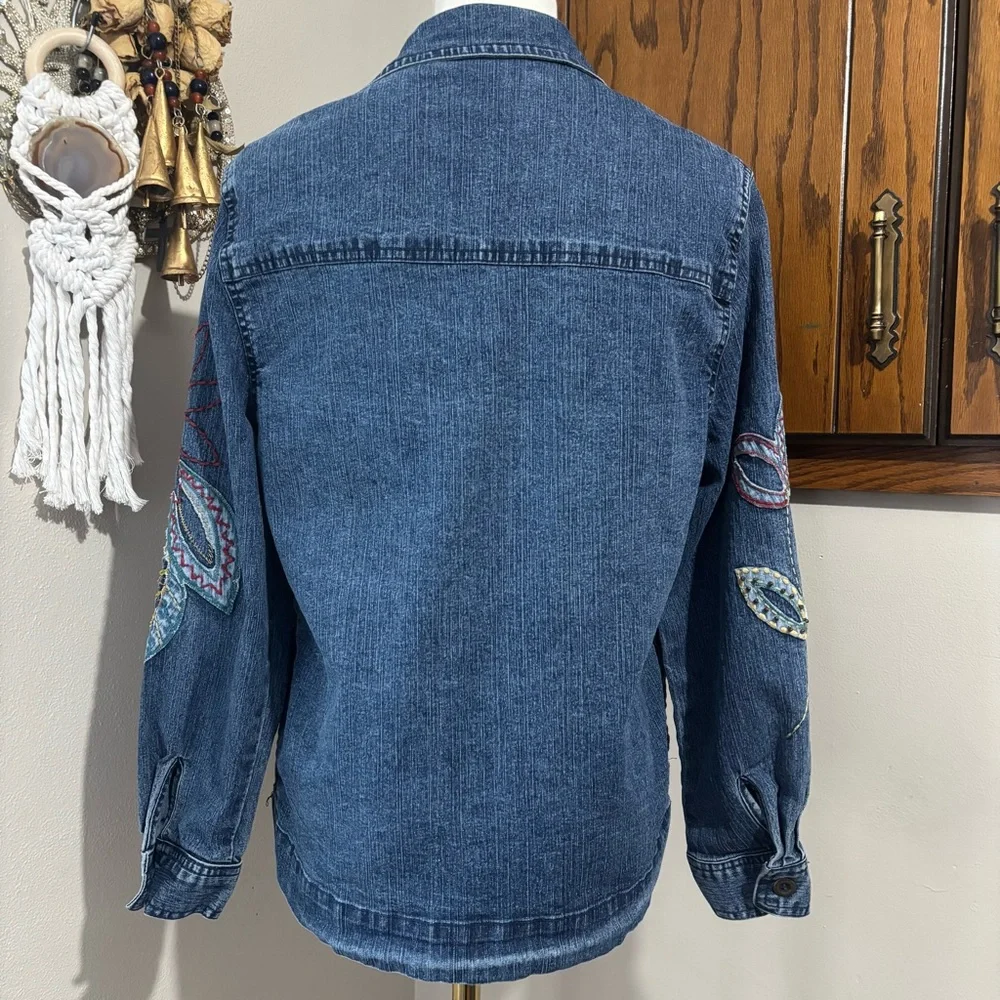 Floral Embroidered Long Sleeve Button Up Denim Jean Jacket Size 8 Petite Vtg Y2K - Picture 6 of 13